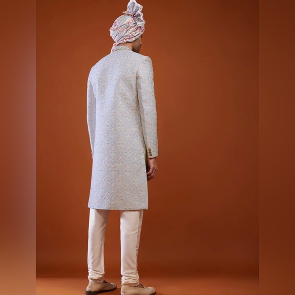 Powder Blue Floral Embroidered Sherwani Set In Silk for Men - Picture 3 of 5